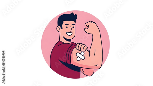 Strong Man Showing Arm with Adhesive Bandage After Vaccination on Transparent Background for Healthcare and Immunity