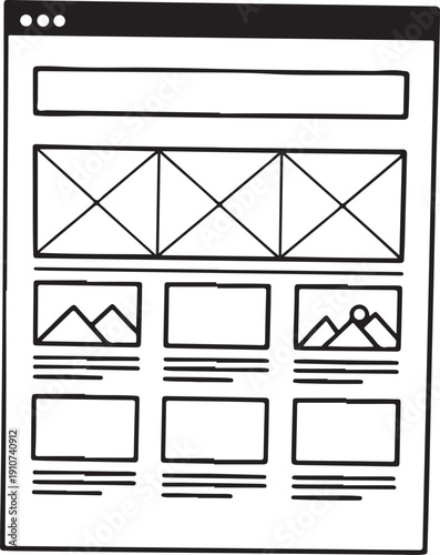 Website wireframe layout with image placeholders and text boxes, web design.