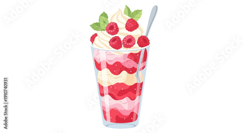 Delicious Raspberry and Cream Dessert Parfait in a Tall Glass.