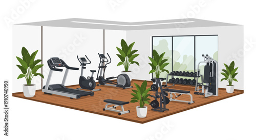 Gym Interior with Treadmill Exercise Bike Weights and Plants.