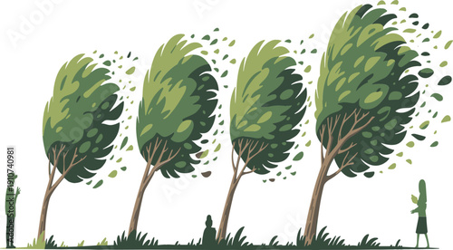 Windy weather vector illustration showing green trees blowing in a strong breeze with people standing outside for seasonal climate and environment designs