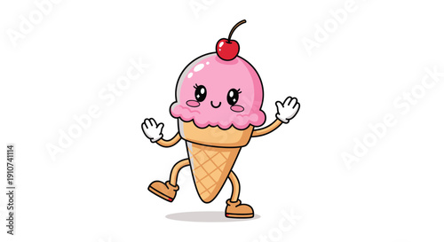 Cartoon Ice Cream Cone Character with Cherry Topping and Kawaii Face.