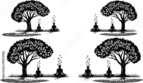 Meditation silhouettes under tree collection vector illustration yoga mindfulness and spiritual relaxation nature scene design
