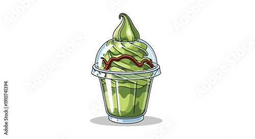 Green tea matcha soft serve ice cream sundae in a clear plastic cup with chocolate drizzle.