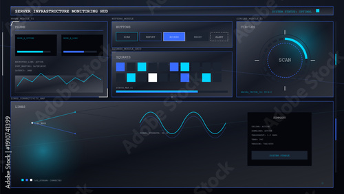 Futuristic server infrastructure monitoring dashboard with data visualization graphs and system status interface elements