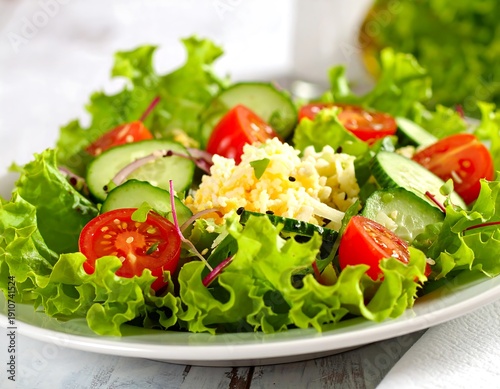 Fresh and Vibrant Salad with Lettuce, Tomatoes, and Cucumber.
