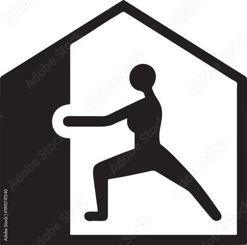Person practicing yoga inside a house outline, home fitness and wellness concept