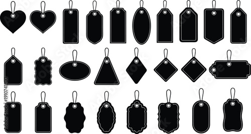 Black Price Tag Silhouette Collection with Various Shapes Isolated on White Background for Retail, Sale, Branding and Label Design