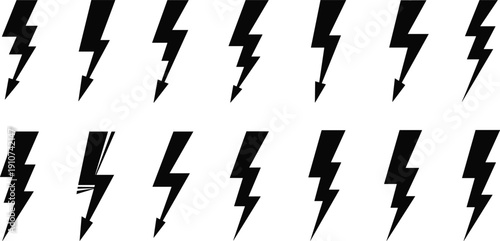 Black Lightning Bolt Icons Set with Arrow Tips Isolated on White Background, Thunderbolt Energy Symbols for Power, Electricity and Warning Design