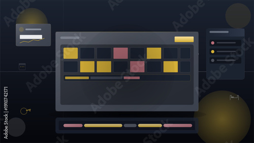 Dark mode dashboard interface with data visualization widgets and analytics grid on a black background