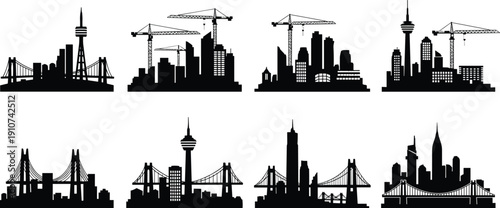 City skyline silhouettes collection with bridges cranes and skyscrapers vector illustration urban construction landscape design set