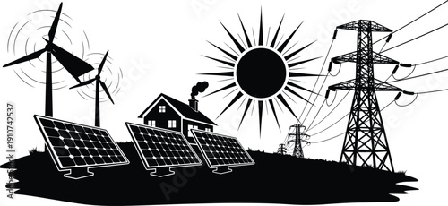 Renewable energy landscape silhouette with solar panels wind turbines power lines and sun vector illustration sustainable electricity concept