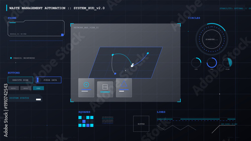 Futuristic waste management automation system heads up display with network map and data visualization elements on dark background