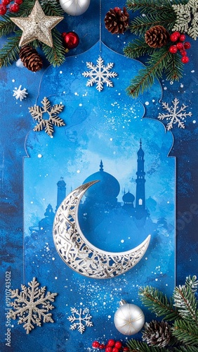 Festive Islamic Crescent Decoration with Mosque Silhouette and Christmas Elements.