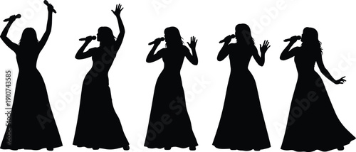 Female Singer Silhouettes Performing with Microphones in Elegant Long Dresses Isolated on White Background for Concert, Music and Entertainment Design