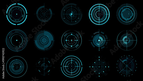 Collection of futuristic teal colored targeting reticles on a black background