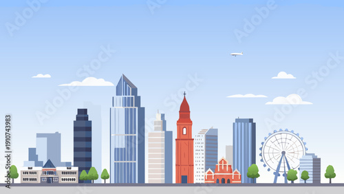 A bright stylized illustration of a modern city skyline with iconic landmarks