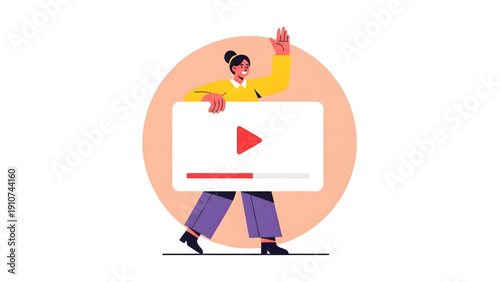 Happy Woman Presenting Digital Video Player Interface on Transparent Background PNG for Content Creation and Social Media Marketing
