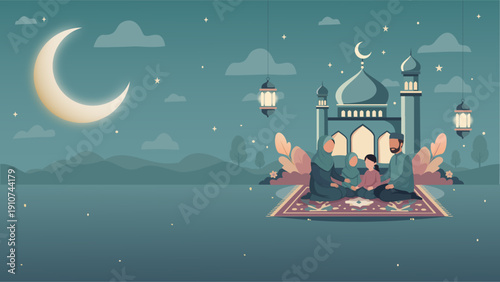 Muslim family sitting on a prayer rug with mosque and large crescent moon background. Vector illustration for Ramadan Kareem and Eid Mubarak greeting card in elegant flat design