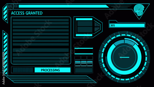 Futuristic interface displaying access granted with fingerprint and processing indicators