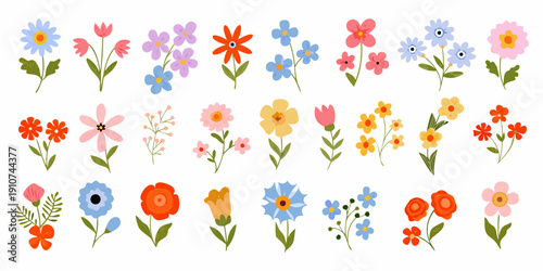 Collection of colorful cartoon style flowers arranged in neat rows