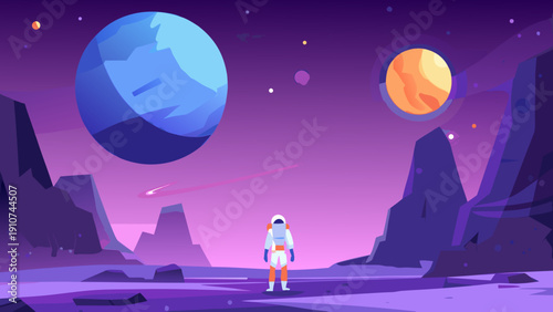 Astronaut gazes upon colorful planets and a starry rocky landscape