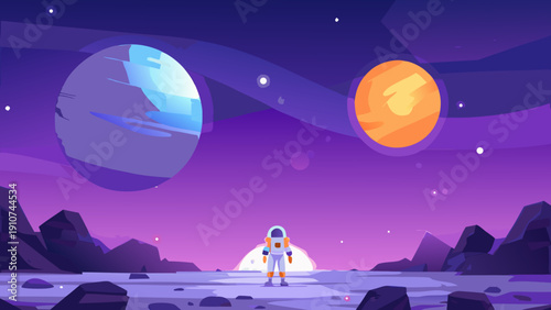 Astronaut standing on a desolate planet with colorful planets in view