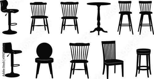 Chair and stool silhouettes collection vector illustration featuring bar chairs dining seats and table isolated furniture set
