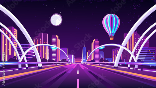 A vibrant cityscape at night featuring a hot air balloon and glowing arches