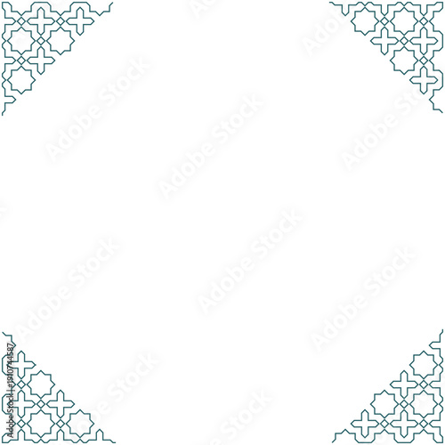 Set of Islamic geometric patterns and corner ornaments. Teal line art featuring stars and floral motifs for borders, frames, and traditional Arabic design elements