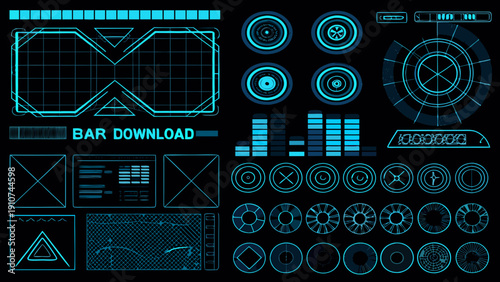 Futuristic user interface elements with glowing cyan lines on a black background