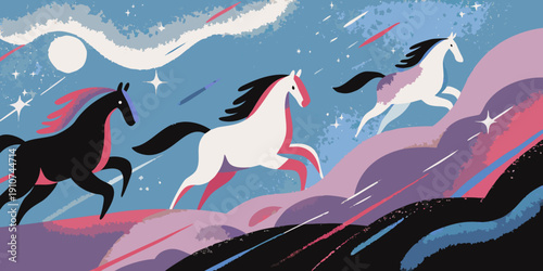 Stylized illustration of majestic white and black horses galloping under a moon