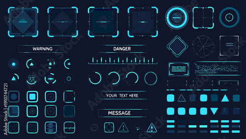 Futuristic user interface elements and digital warning signs collection