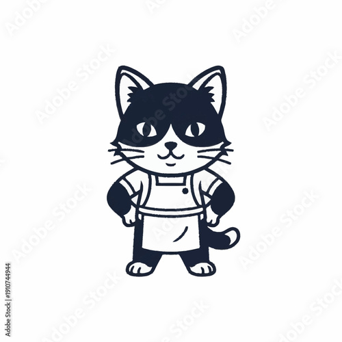 Cute black and white cat wearing an apron standing with paws on hips.