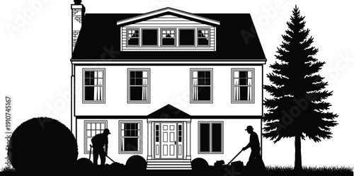Suburban house exterior silhouette with gardeners mowing lawn and trimming yard vector illustration home maintenance landscaping concept