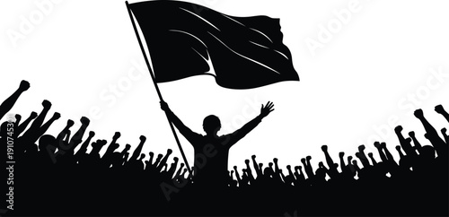 Silhouette of Protest Leader Holding Flag Above Crowd with Raised Fists in Powerful Political Rally Demonstration Concept Isolated on White Background