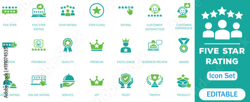  Five star rating icon set. Containing satisfaction, review, rating, premium, quality, 5 star, feedback, excellence and more. Solid vector icons collection.

