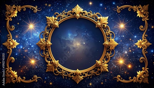 Ornate Golden Frame Over Galaxy Starfield Backdrop Celestial Theme Elegant Design for Luxury Branding Art.