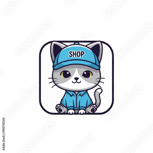 Cute cartoon cat wearing a blue shop hat and shirt, sitting with a friendly expression.