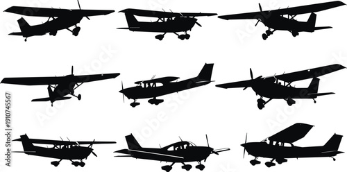 Small Propeller Airplane Silhouettes Set with Various Light Aircraft Models Isolated on White Background for Aviation and Transportation Design