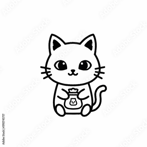 Cute cartoon maneki neko cat holding a money bag in simple line art style.