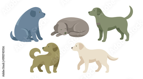 Colorful illustration of five dogs.