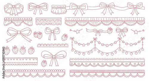 Cute Pink Hand-Drawn Decorative Border Elements with Ribbons and Strawberries