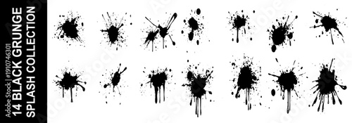 Grunge ink splatter. Splash of paints, spray drops staining and frame with wet paint drop traces  set. Illustration splash and drip design, silhouette blob spray collection. 