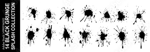 Grunge ink splatter. Splash of paints, spray drops staining and frame with wet paint drop traces  set. Illustration splash and drip design, silhouette blob spray collection. 