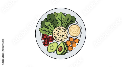 Healthy Colorful Vegan Buddha Bowl Illustration with Fresh Ingredients.