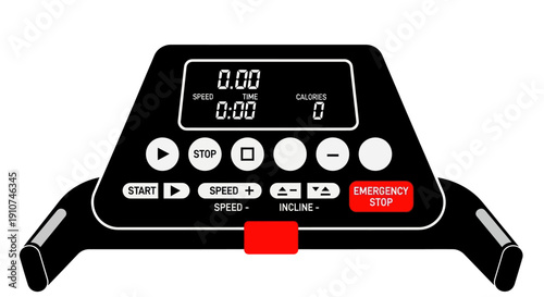Treadmill console with digital display and control buttons.