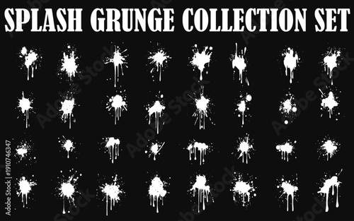 White Ink splashes and drops. Grunge ink splatter, white blots and splashes. Artistic ink spots  illustration set