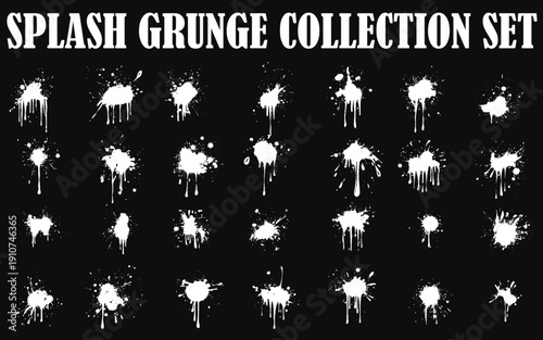 White blots and splashes set on black background. Artistic ink spots  illustration set