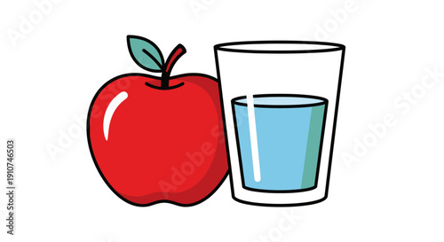 Vibrant Red Apple Next to a Tall Glass of Clear Blue Water.
